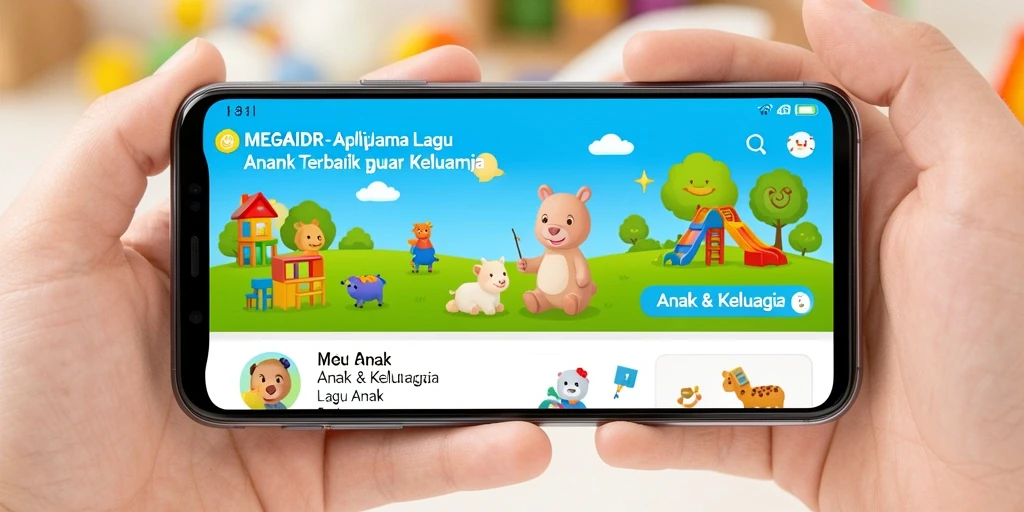 Antarmuka aplikasi MEGAIDR dengan koleksi lagu anak yang ceria.